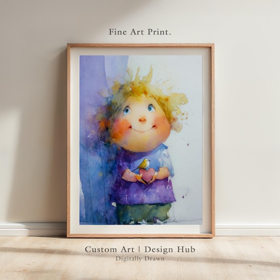 Smiling Child Bird Watercolor Whimsical Kids Room Nursery Poster