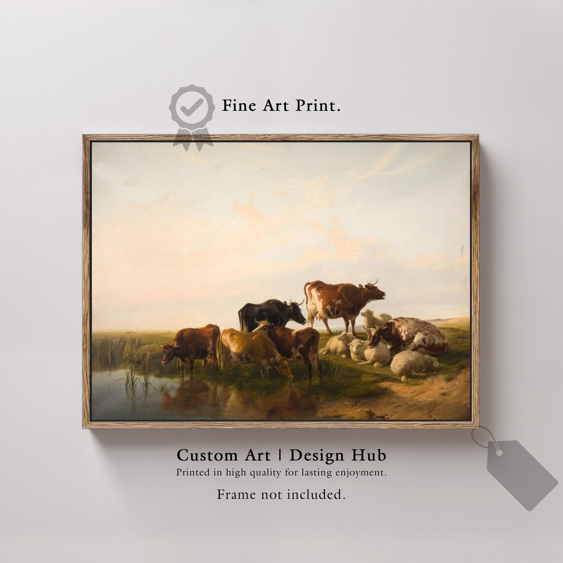 Cows and Sheep Resting by Water Vintage Pastoral Painting Poster