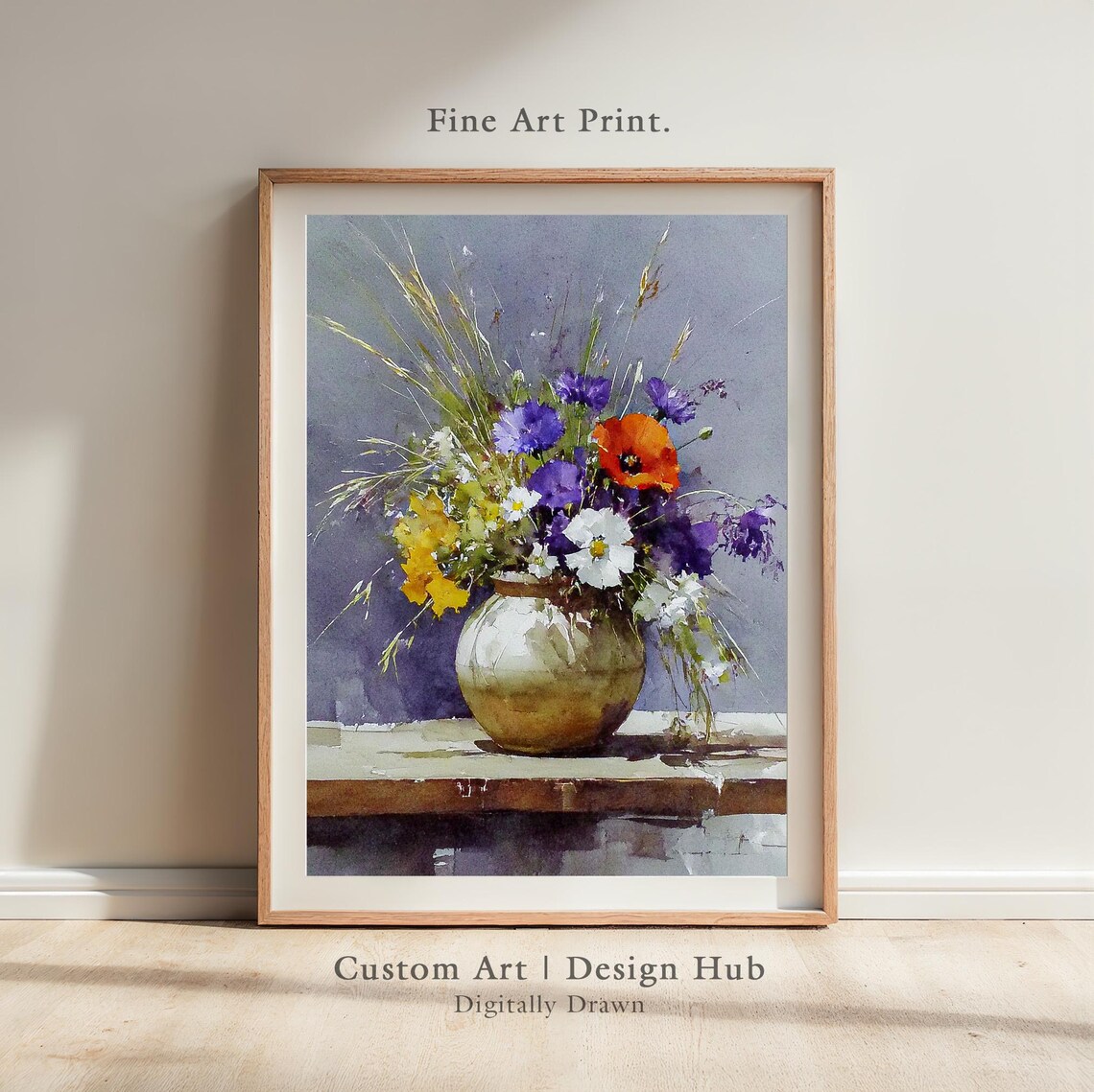 Watercolor Poster With Colorful Wildflowers In Rustic Vase Botanical Wall Art Print