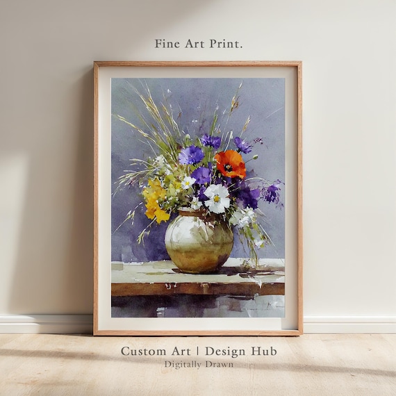 Watercolor Poster With Colorful Wildflowers In Rustic Vase Botanical Wall Art Print
