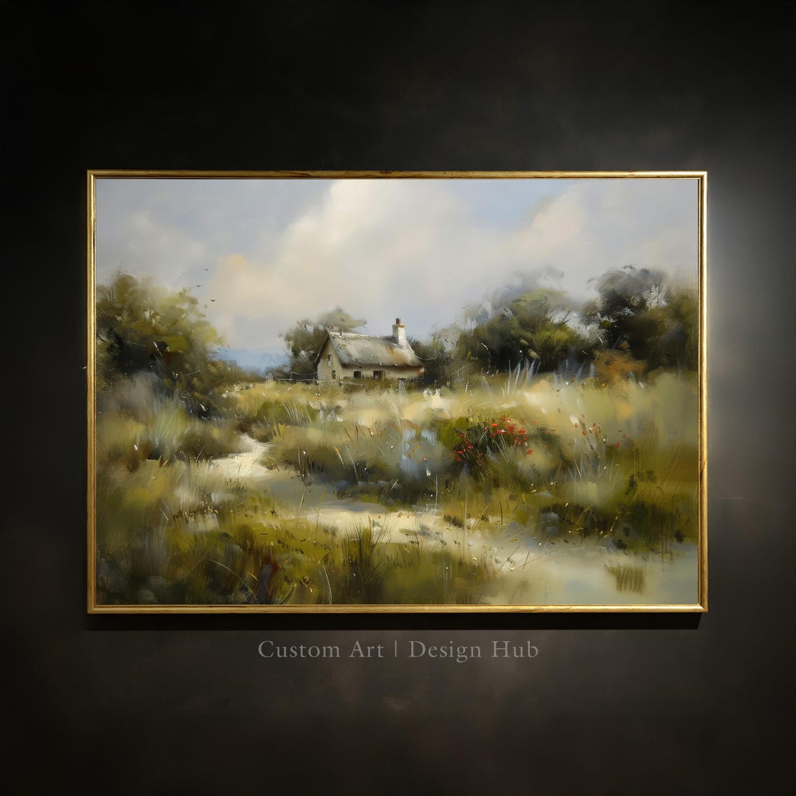 Thatched Stone Cottage Meadow Path Vintage Oil Painting Poster