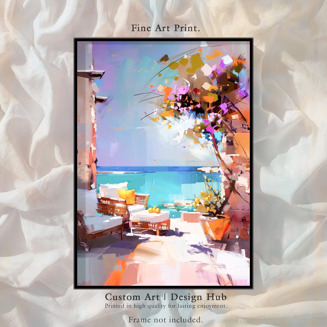 Mediterranean Terrace Sea View Poster Impressionist Coastal Lounge Art