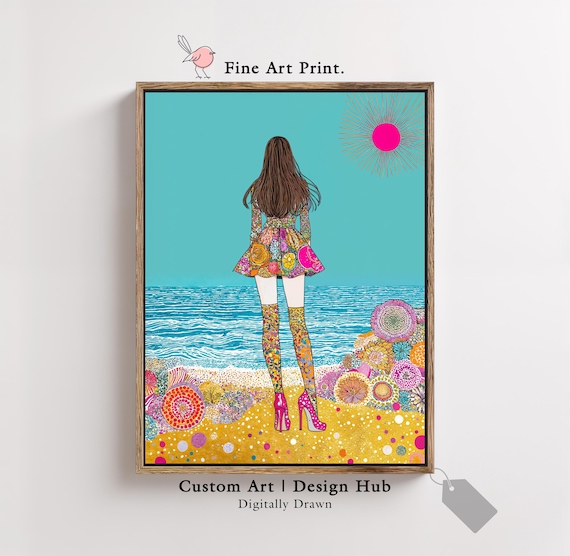 Colorful Fashion Girl Beach Seashells Retro Pop Art Style Poster