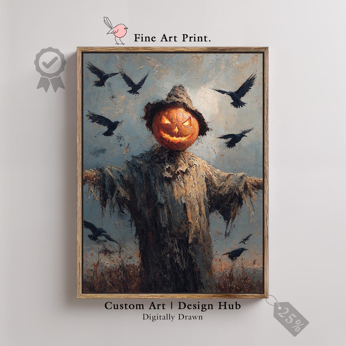 Scarecrow with Glowing Pumpkin Head and Crows Halloween Art Print