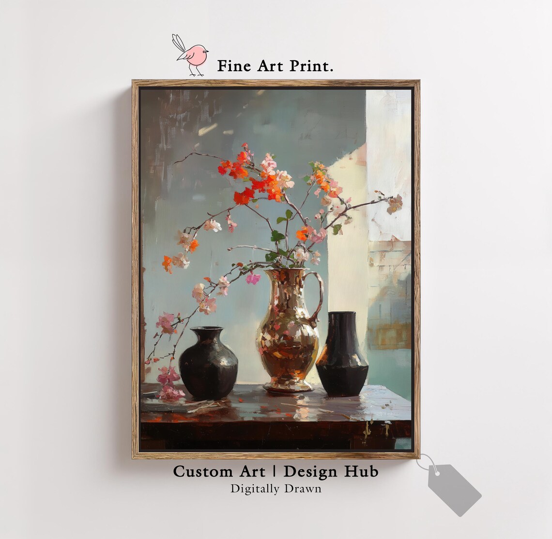 Blossom Branch Copper Pitcher Vintage Warm Oil Painting Still Life Art Poster
