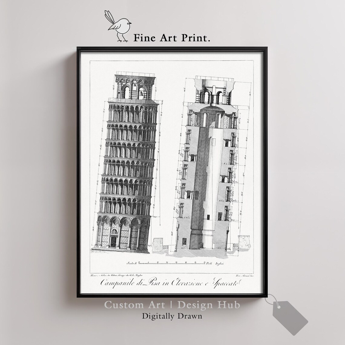 Leaning Tower of Pisa Vintage Architectural Engraving Print Italy Decor Art
