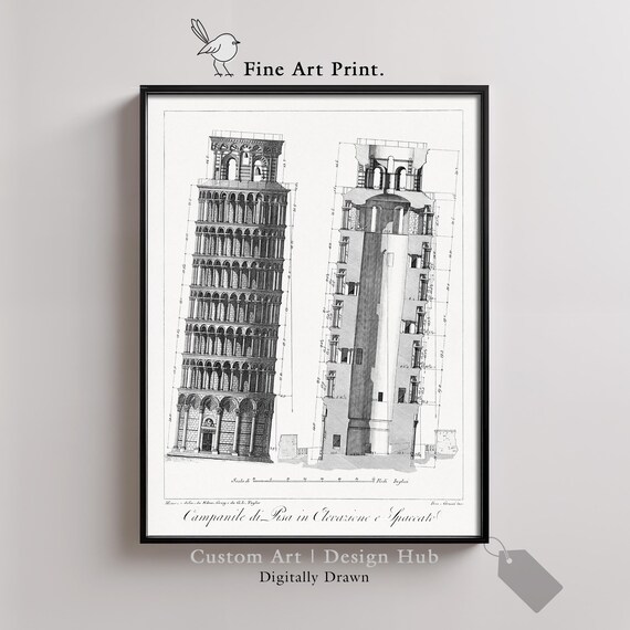 Leaning Tower of Pisa Vintage Architectural Engraving Print Italy Decor Art