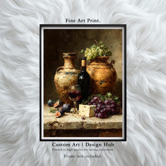 Wine and Cheese Still Life with Grapes Vintage Tuscan Kitchen Wall Art