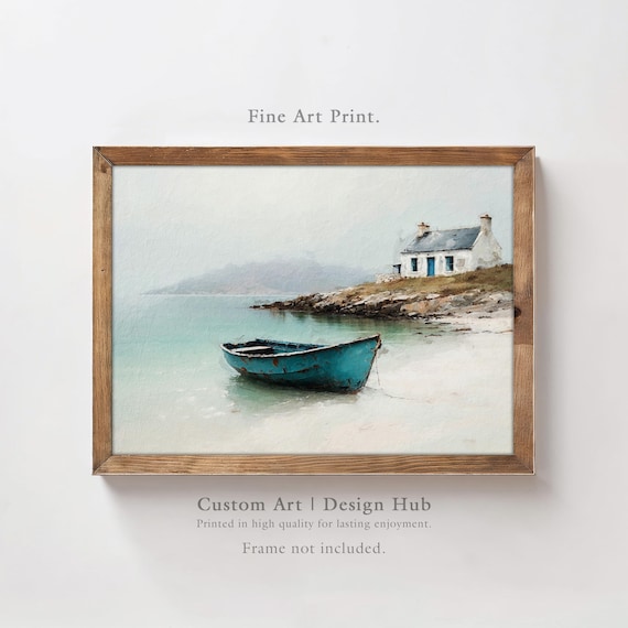 Teal Rowboat Coastal Poster White Cottage Shore Seascape Painting
