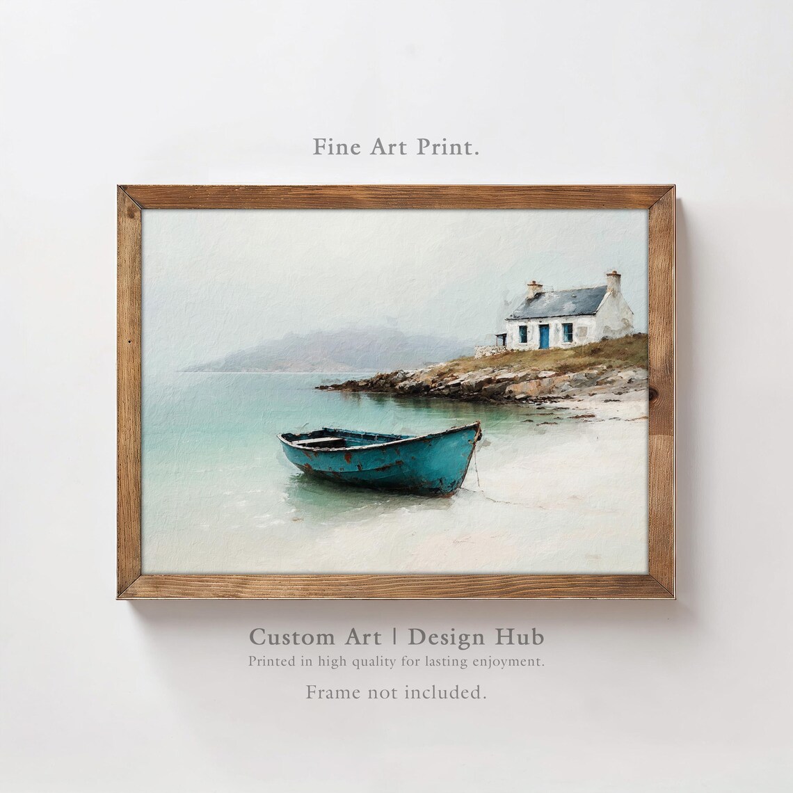 Teal Rowboat Coastal Poster White Cottage Shore Seascape Painting