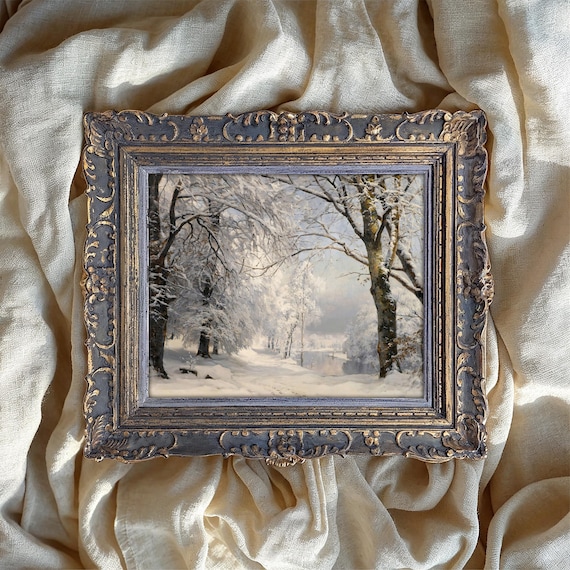 Snowy Winter Forest Path Vintage Landscape Painting Poster Wall Decor