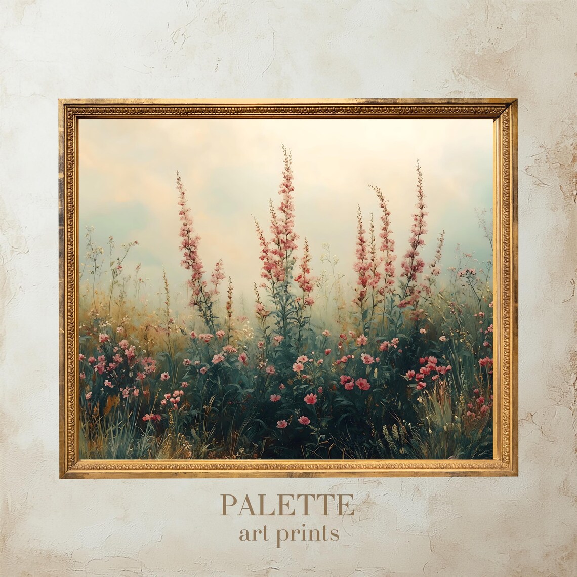 Pink Hollyhock Spires Summer Meadow Delicate Floral Painting Poster
