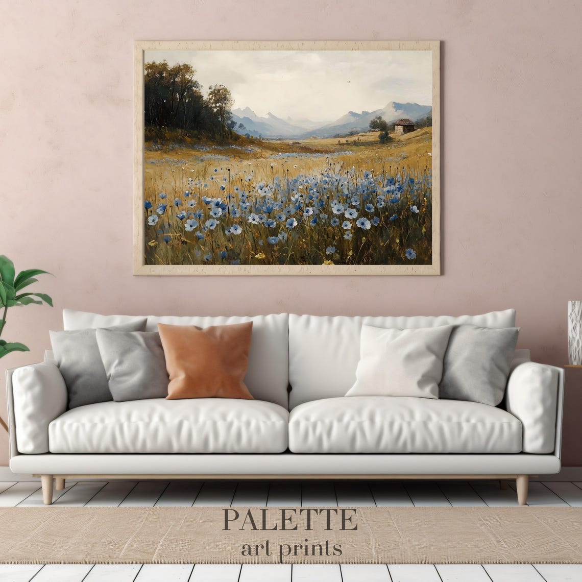 Blue Wildflower Meadow Mountain Cottage Rustic Landscape Print - Image 2