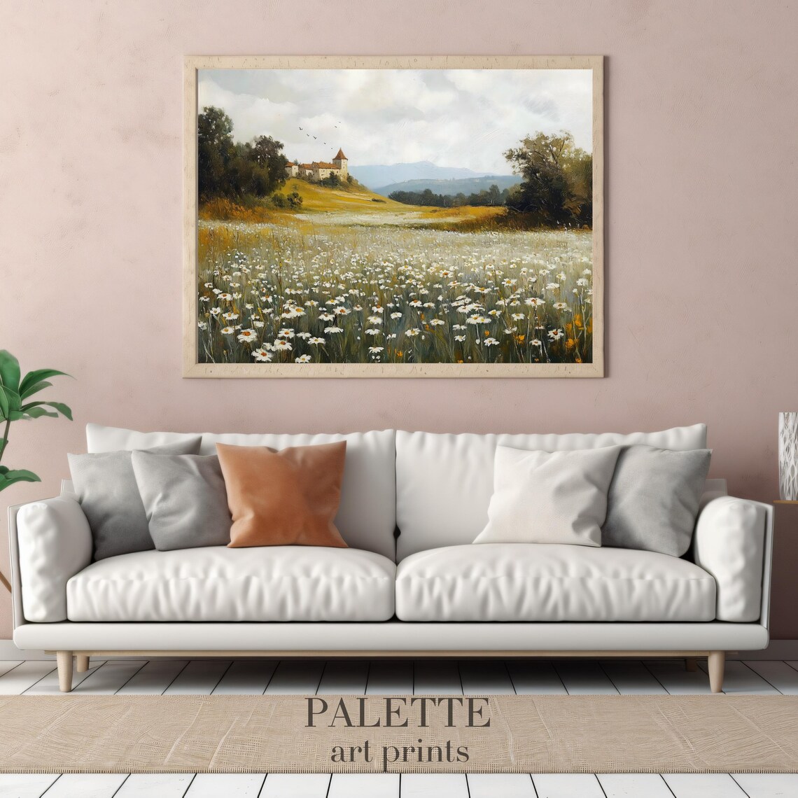 Wild Daisy Field Hilltop Village Vintage Floral Landscape Poster - Image 3