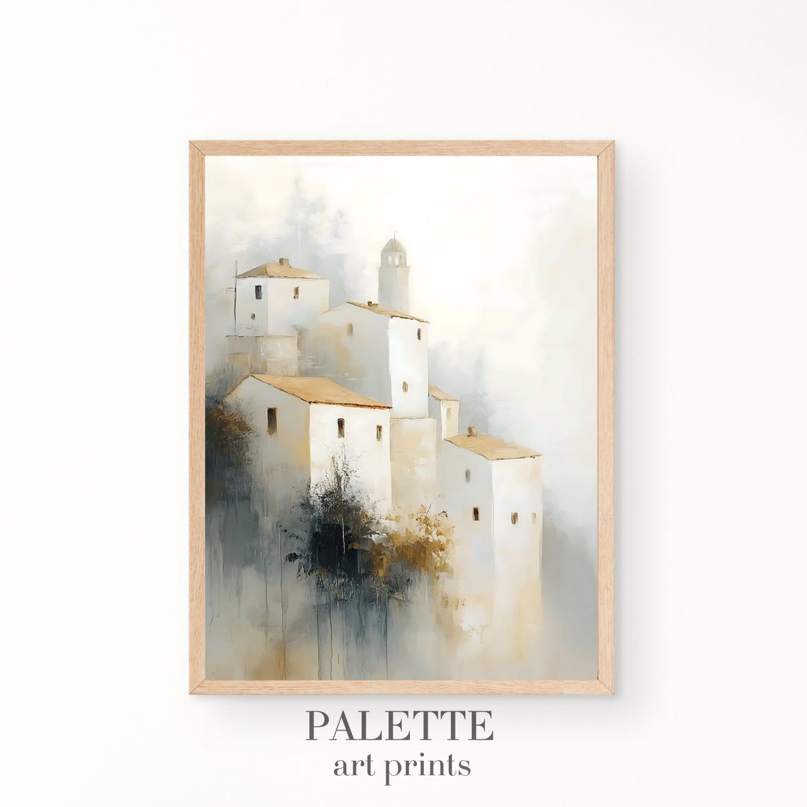Whitewashed Hilltop Village in Mist Soft Neutral Tones Painting Poster