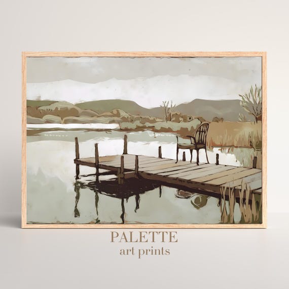 Rustic Dock Art Print Calm Lakeside Chair Painting Tranquil Nature Wall Decor Cst004