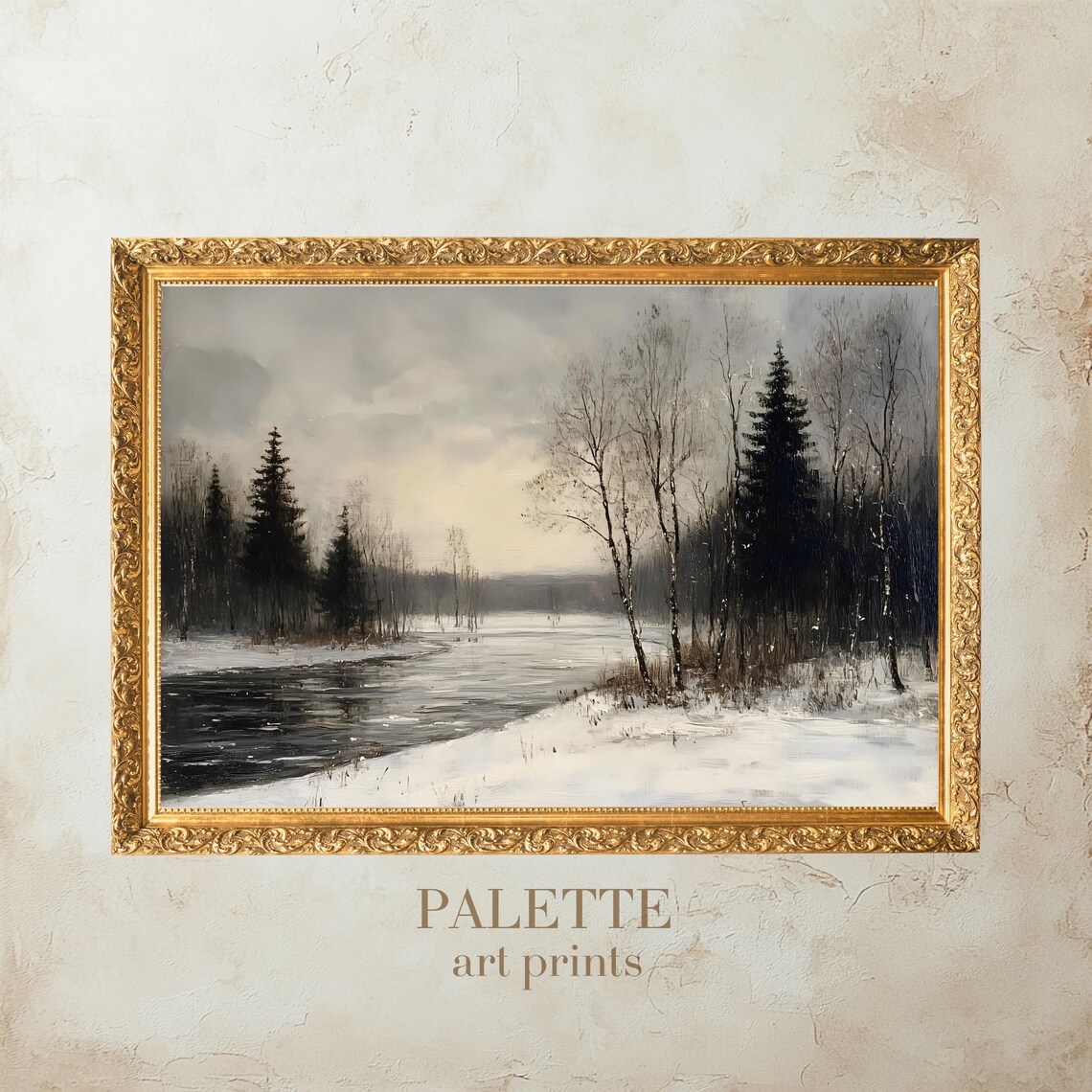 Peaceful Winter Lake Snowy Forest Shoreline Landscape Poster