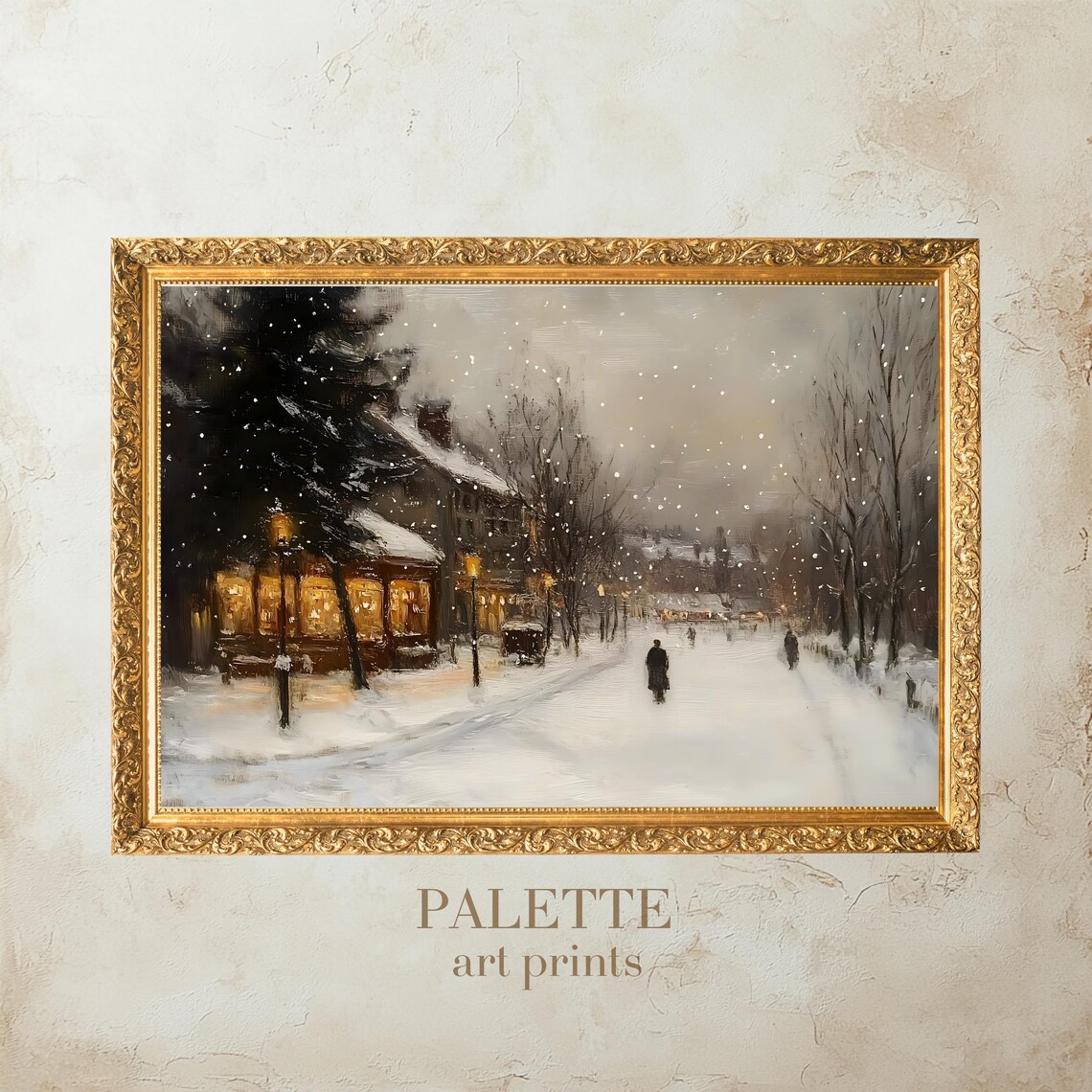 Snowy Winter Village Street Glowing Lamps Evening Scene Wall Art