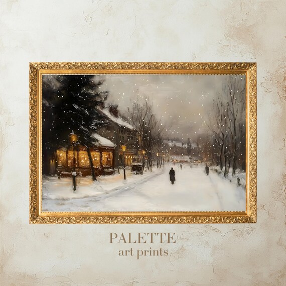 Snowy Winter Village Street Glowing Lamps Evening Scene Wall Art
