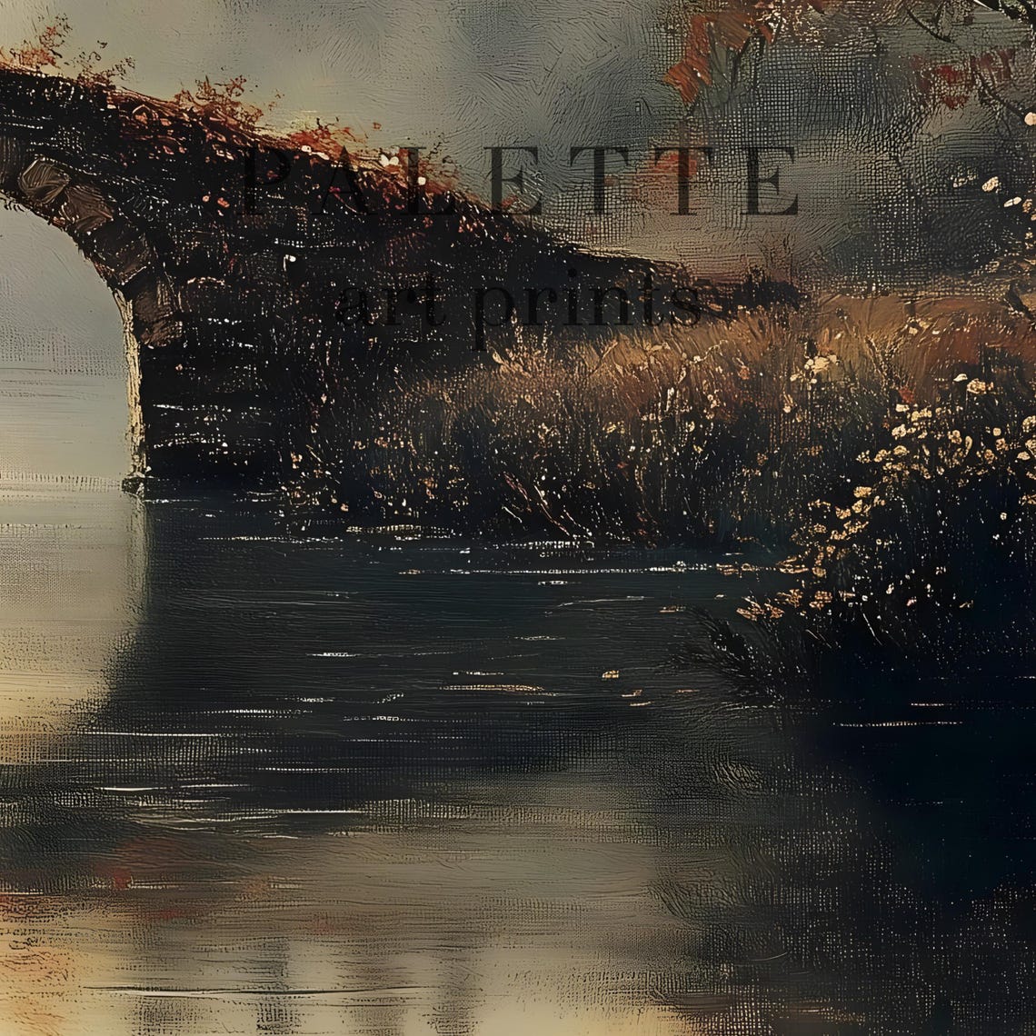 Misty Stone Bridge Over Still Water With Ruins On The Hill Poster - Image 3