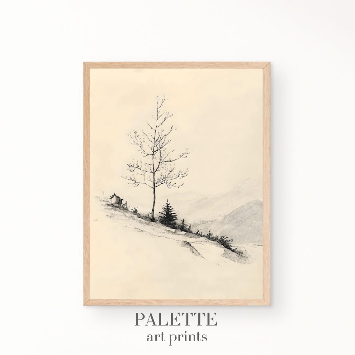Minimalist Tree Sketch On A Sloped Landscape Serene Black And White Nature Inspired Artwork For Modern Wall Decor Skt016