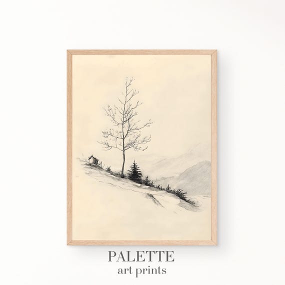 Minimalist Tree Sketch On A Sloped Landscape Serene Black And White Nature Inspired Artwork For Modern Wall Decor Skt016
