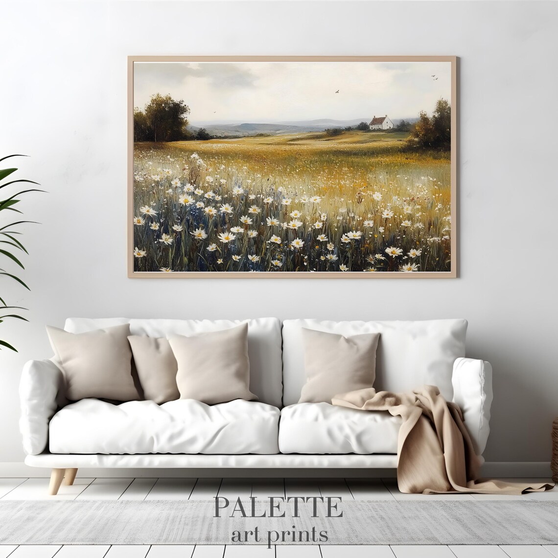 Daisy Meadow Cottage Distant Hills Birds Country Landscape Poster - Image 3
