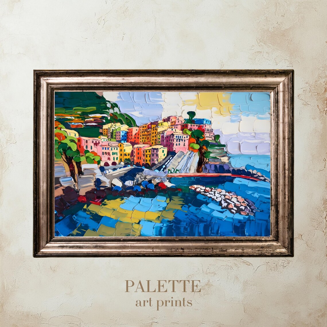 Cinque Terre Inspired Colorful Seaside Town Palette Knife Art Poster