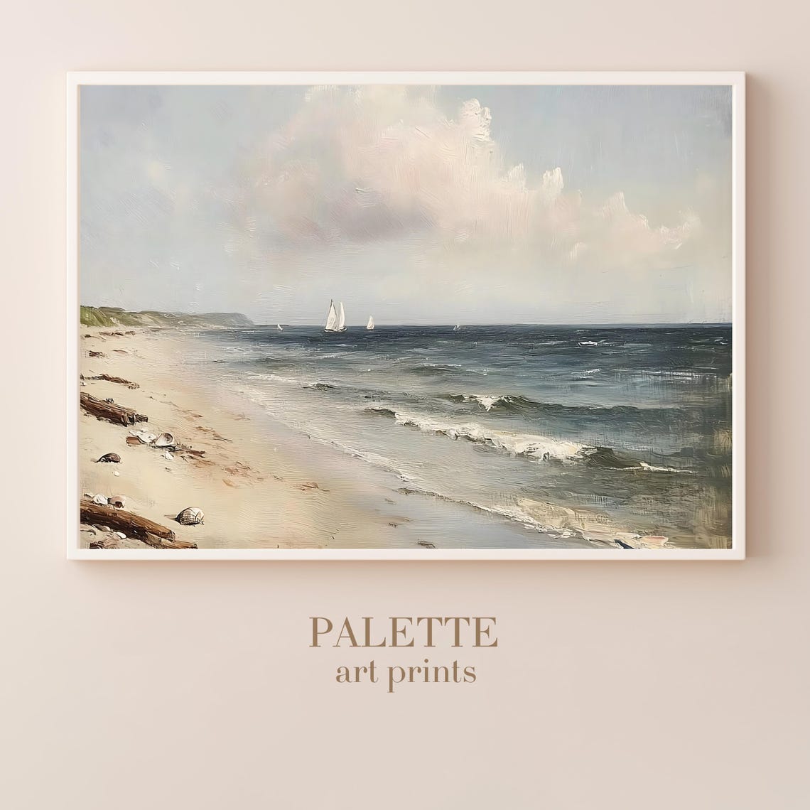 Serene Sandy Beach with Sailboats Gentle Waves Seaside Poster