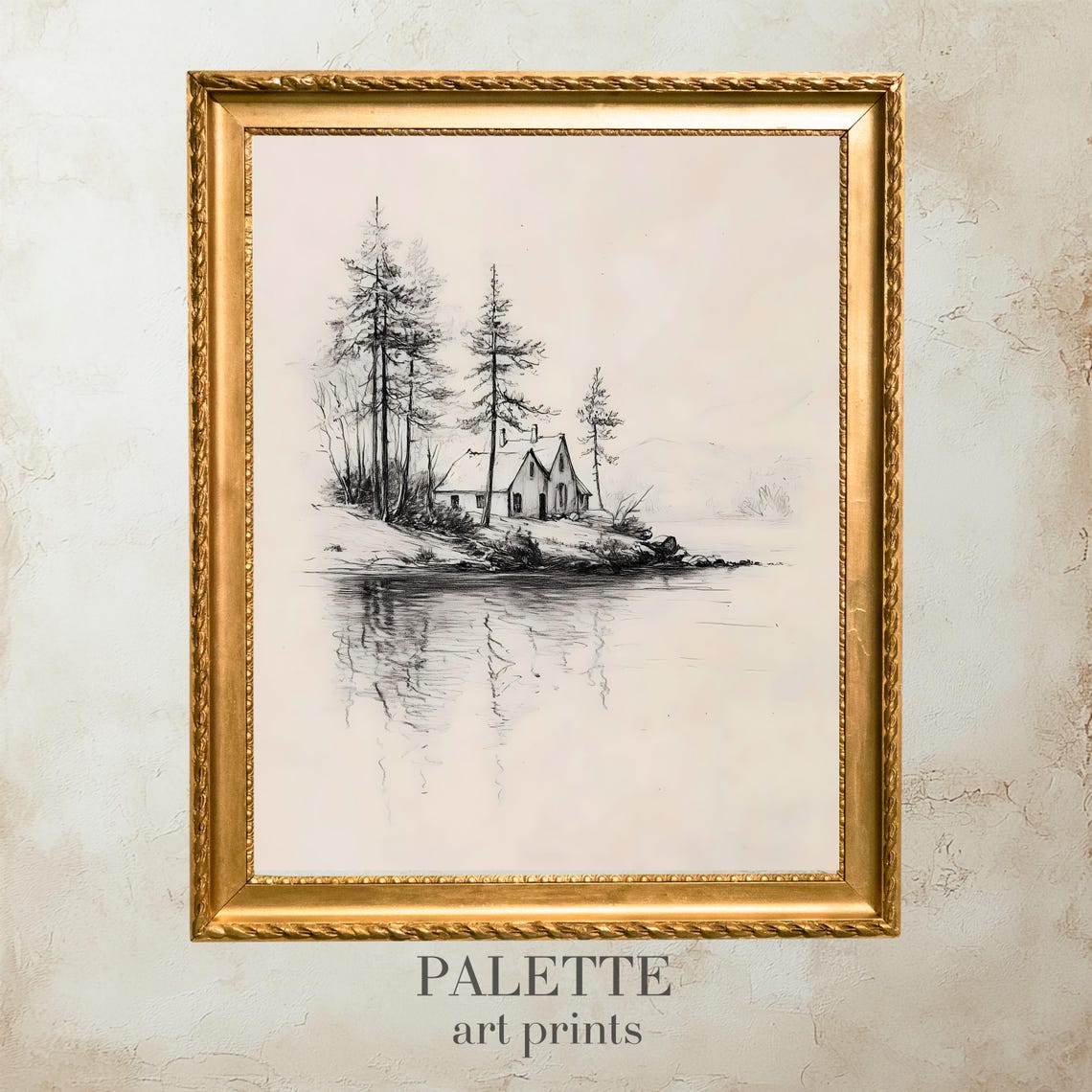 Lakeside Cabin Pine Trees Sepia Ink Sketch Rustic Wall Decor Print