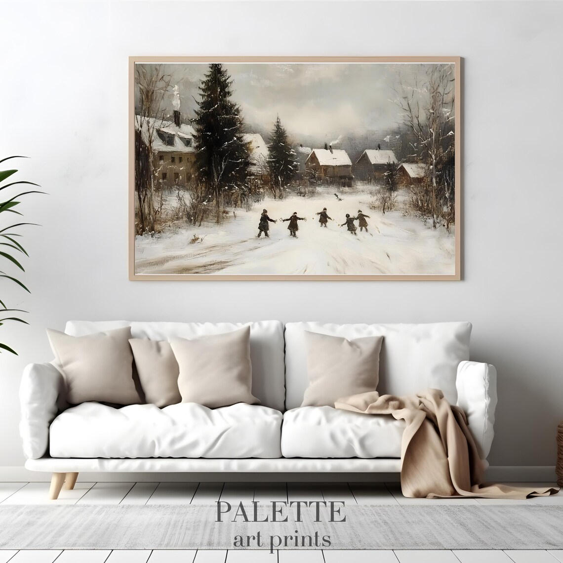Children Playing Snowy Village Street Nostalgic Winter Scene Painting Poster - Image 2