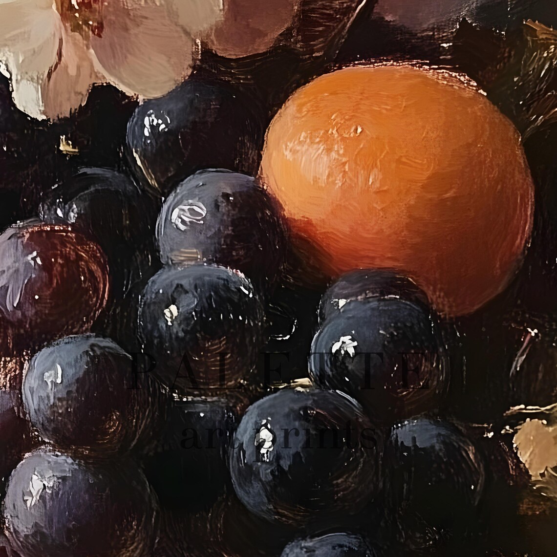 Dark Grape Blossom Orange Vintage Still Life Brass Urn Print - Image 2