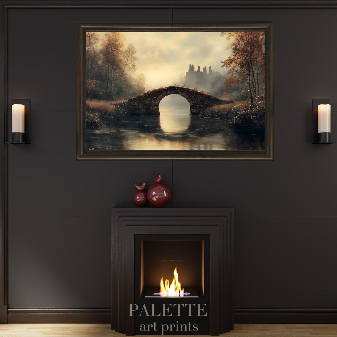 Misty Stone Bridge Over Still Water With Ruins On The Hill Poster - Image 2