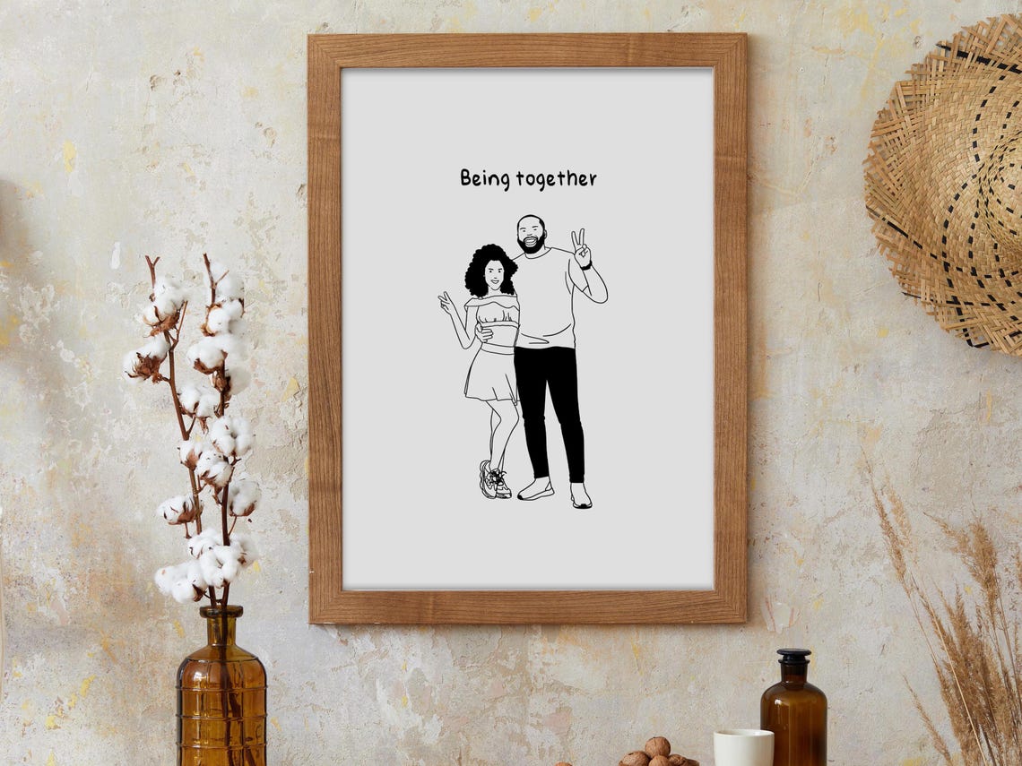 Custom Black and White Doodle Couple Portrait Minimalist Print