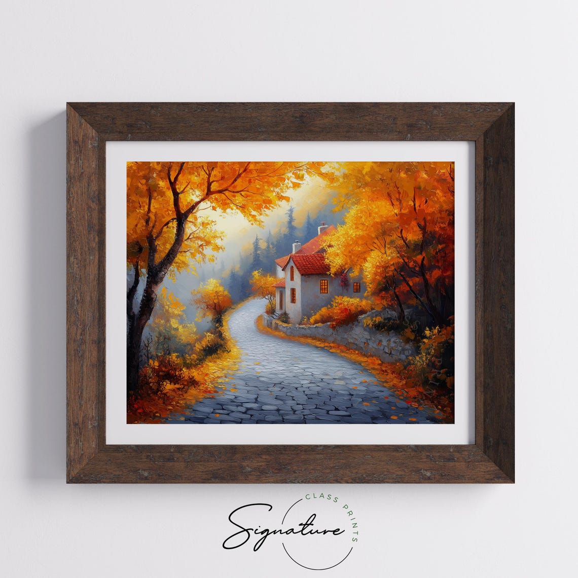 Cobblestone Village Road Curving To Golden Hills House Autumn Poster - Image 5