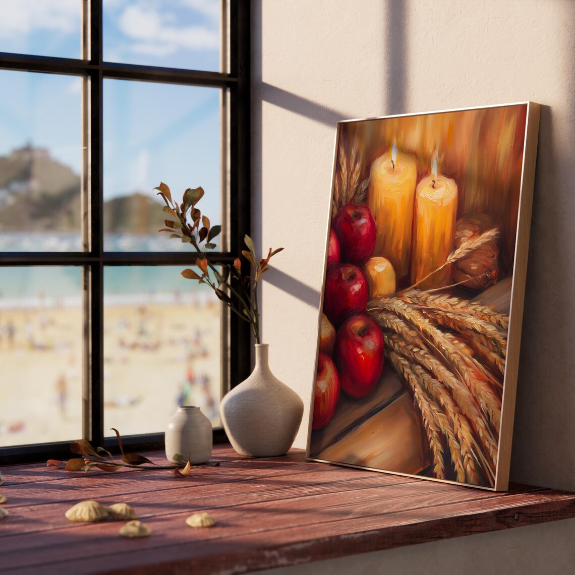 Cozy Autumn Still Life with Red Apples Wheat Sheaves and Candles Poster - Image 5