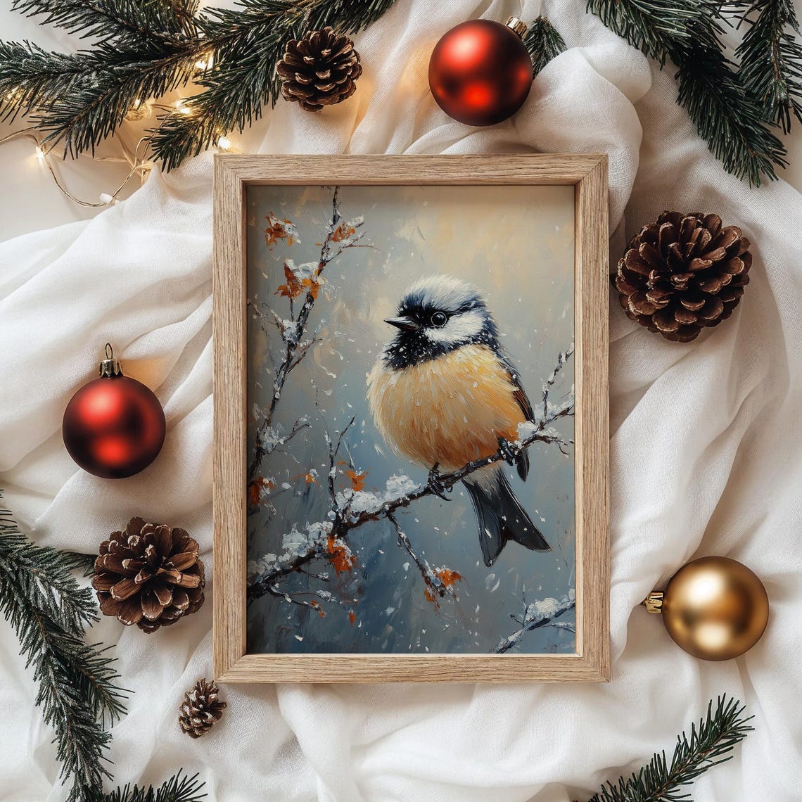 Chickadee on Snowy Branch with Red Berries Winter Oil Painting Print - Image 4