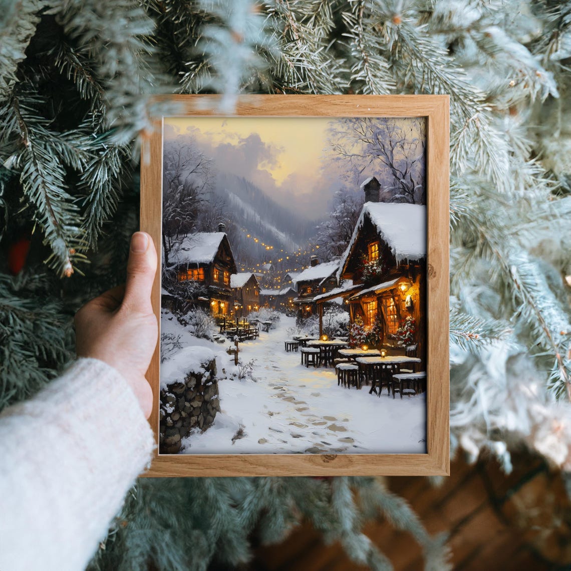 Magical Snowy Village Square With Outdoor Cafe Lights Winter Poster - Image 6