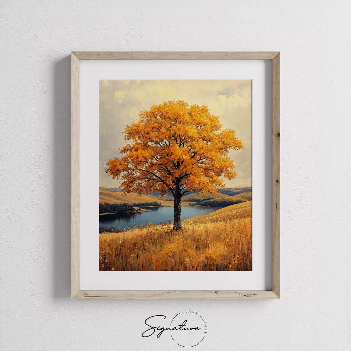 Lone Golden Tree Lakeside Meadow Sunset Landscape Painting Print - Image 3