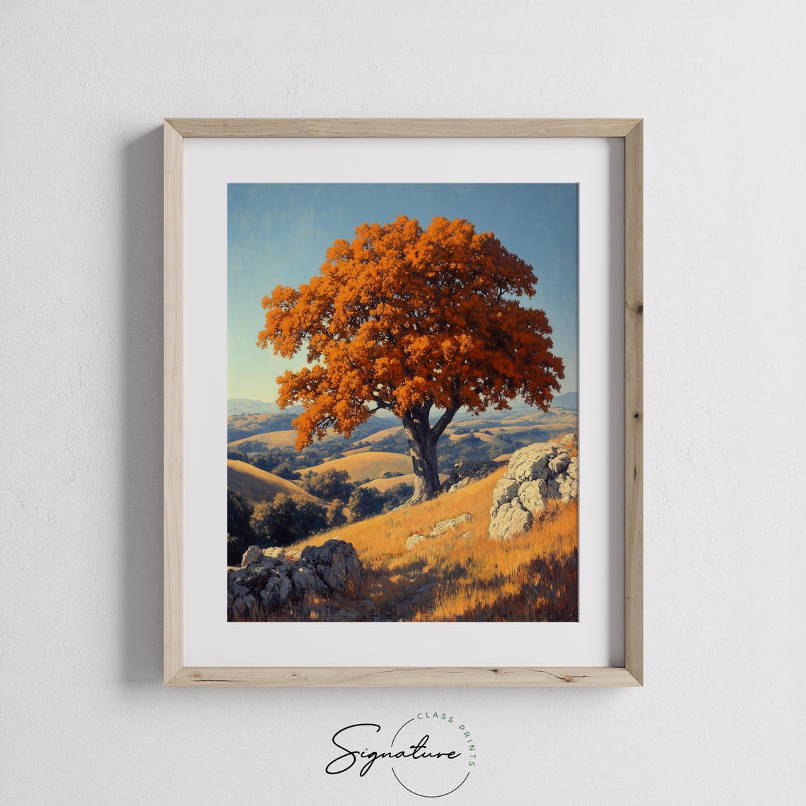 Lone Orange Oak Rocky Hillside Autumn Rolling Hills Blue Sky Poster - Image 3