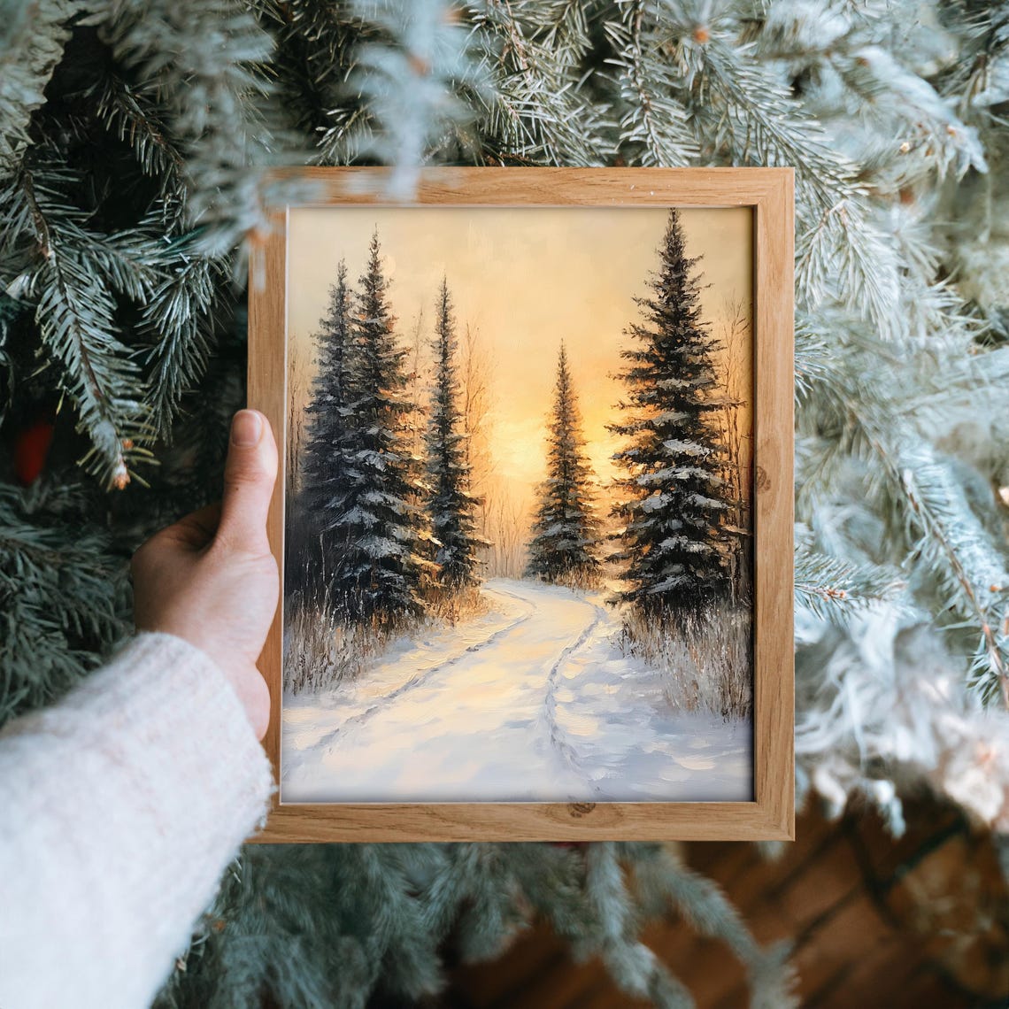 Golden Sunset Over Snowy Pine Forest Path Winter Glow Poster - Image 6