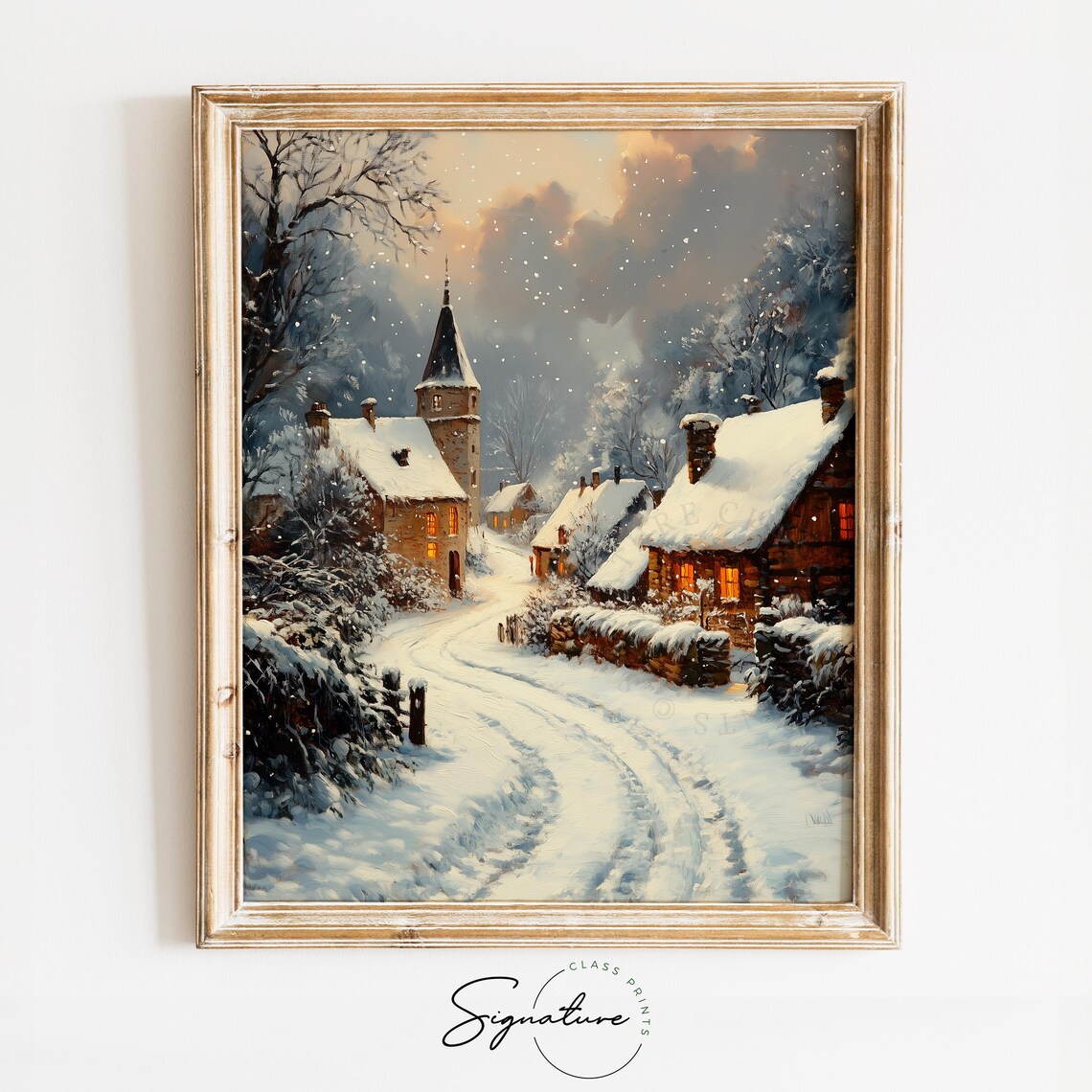 Snowy Village Lane With Church Tower Winter Christmas Dusk Poster
