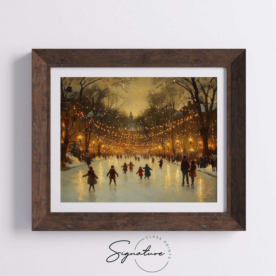 Ice Skaters Under String Lights on Night Rink Winter Holiday Art Poster - Image 5