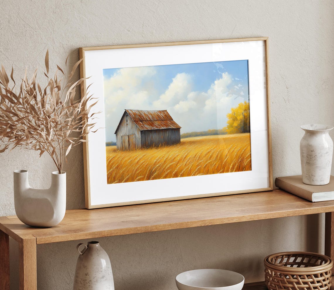 Old Barn Rusty Roof Wheat Field Oil Painting Rustic Farm Poster - Image 4