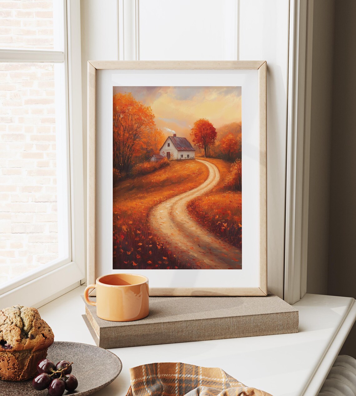 White Farmhouse at End of Winding Road in Fiery Autumn Poster - Image 6