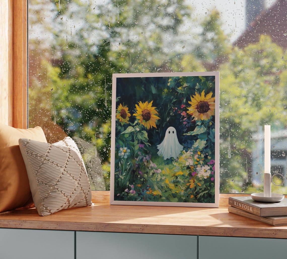 Tiny White Ghost Dark Sunflower Garden Wildflowers Whimsy Poster - Image 2
