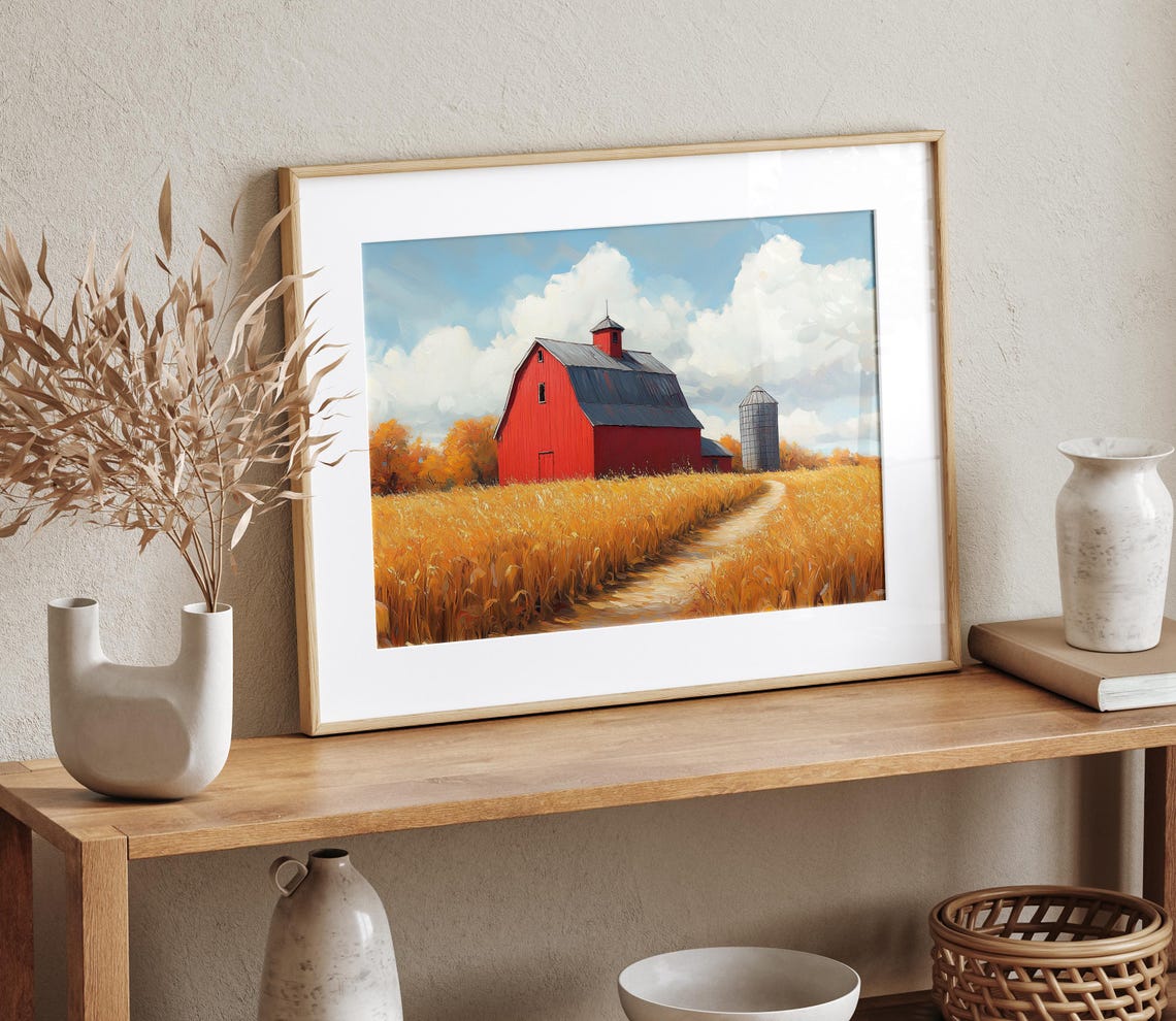 Red Barn Silo Dirt Road Golden Field Oil Painting Farm Poster - Image 4