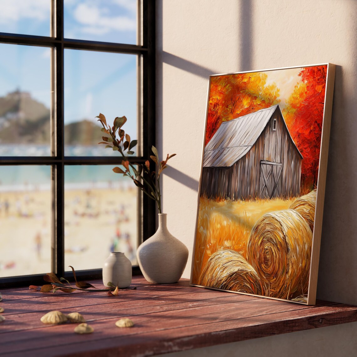 Weathered Barn Metal Roof Hay Bales Fiery Autumn Trees Poster - Image 5