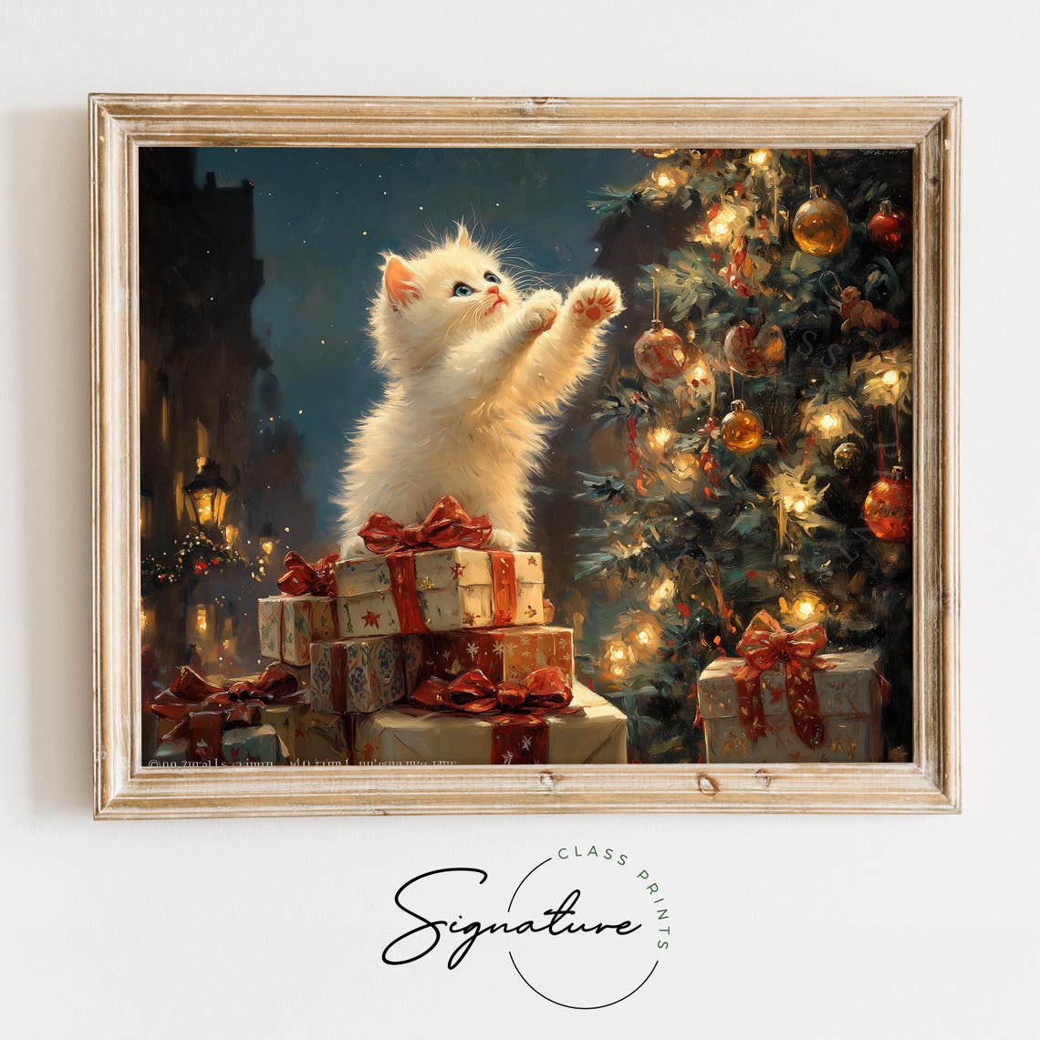 White Kitten Climbing Christmas Gifts Reaching for Baubles Poster