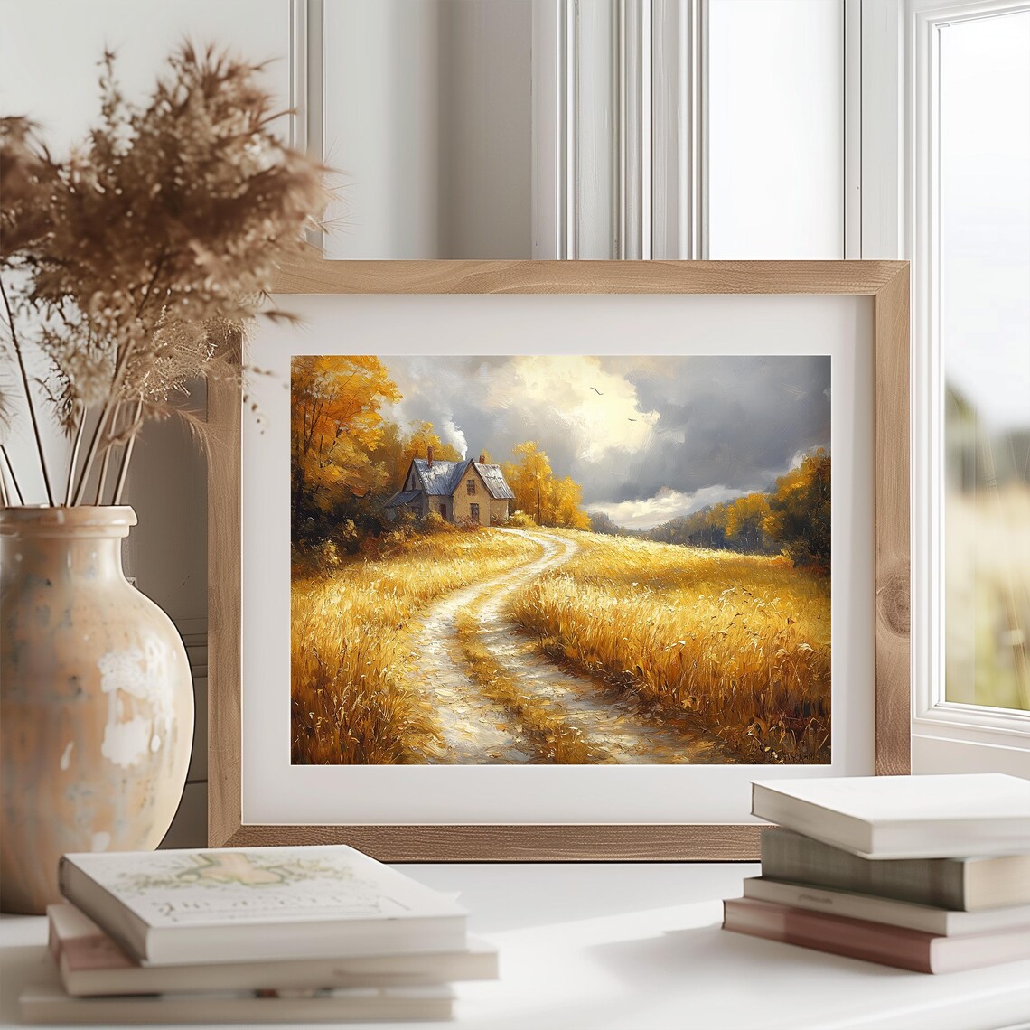 Country Farmhouse With Chimney Smoke Golden Grass Autumn Evening Poster - Image 2